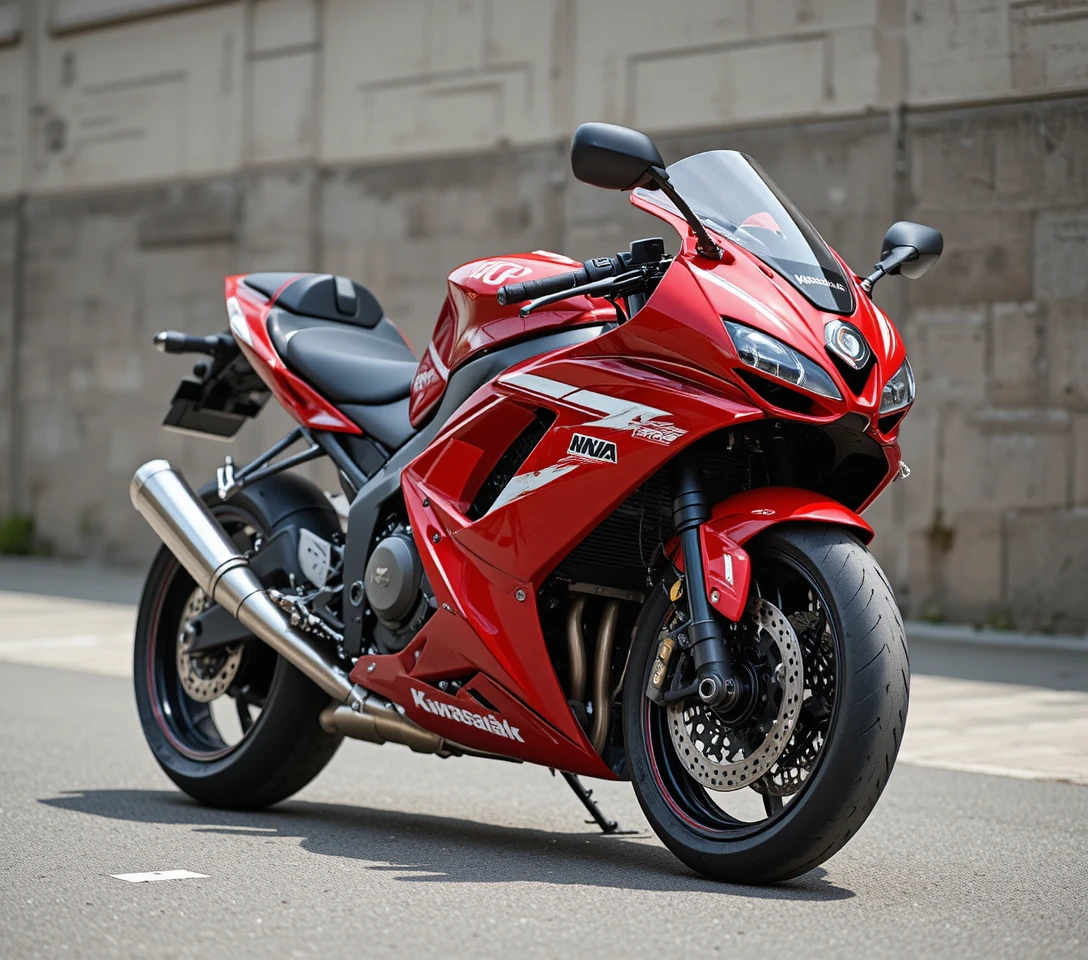 Moto esportiva vermelha e branca estacionada ao lado de parede de tijolos