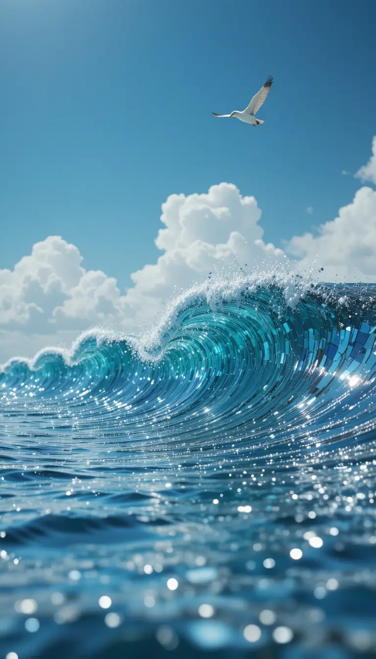 Surreal mirrored ocean waves with albatross in flight
