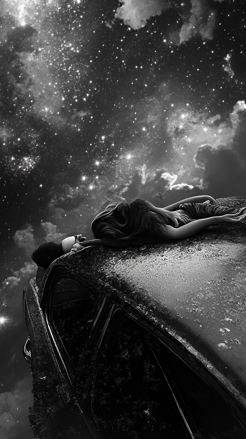 Casal deitado no capô do carro sob um céu noturno silencioso