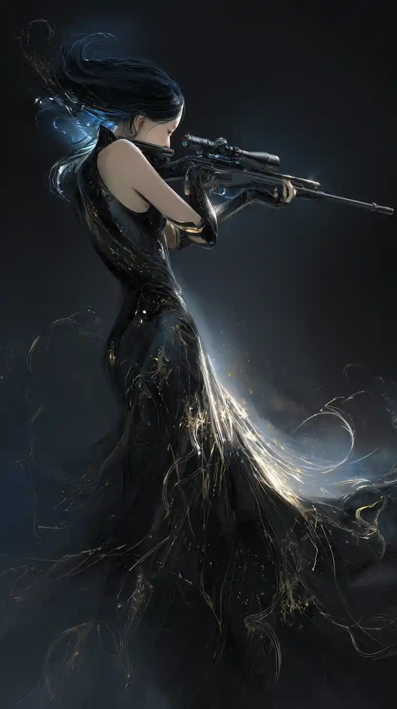 Sorrowful woman aiming a sniper rifle in ethereal glow