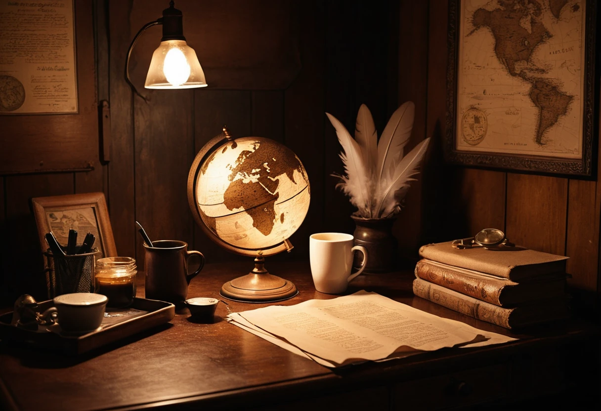 Acogedor Escritorio Vintage con Globo Terráqueo y Taza de Café