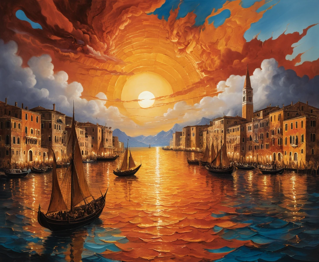 Veleros en el puerto veneciano bajo un ardiente cielo de atardecer en impasto