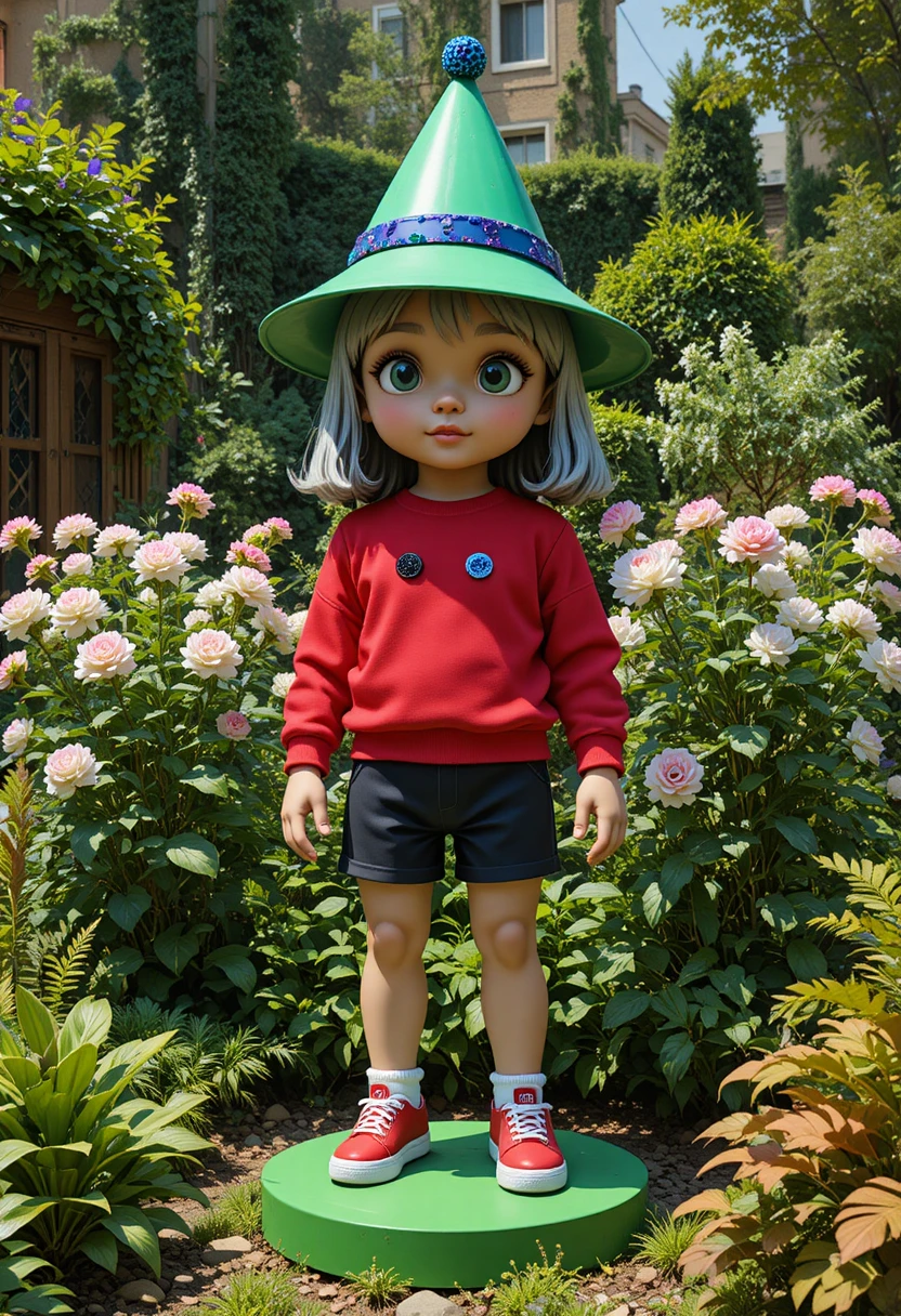 Estátua de boneca infantil brincalhona em um jardim de primavera