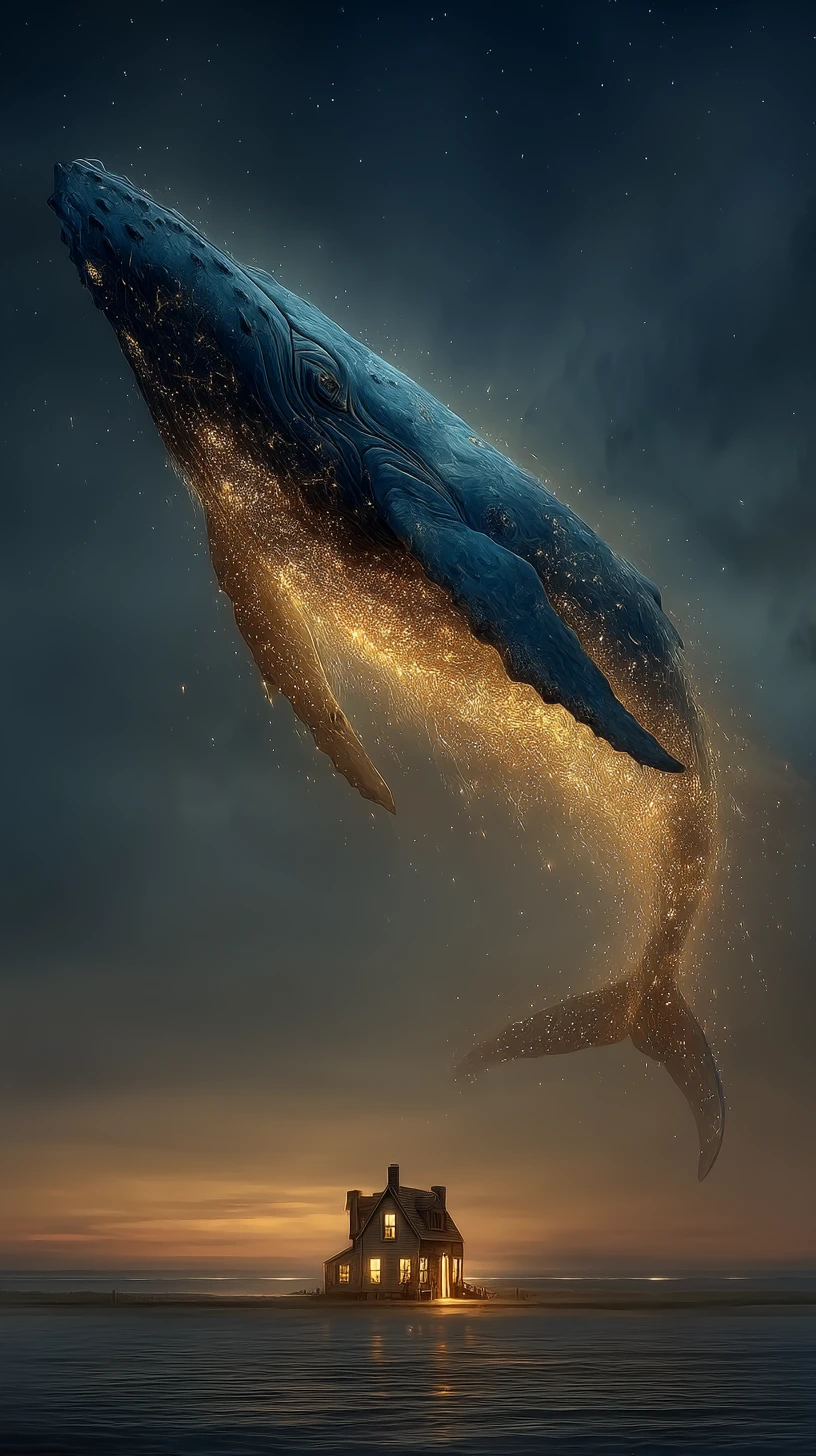 Baleia-azul deslizando por um céu estrelado brilhante