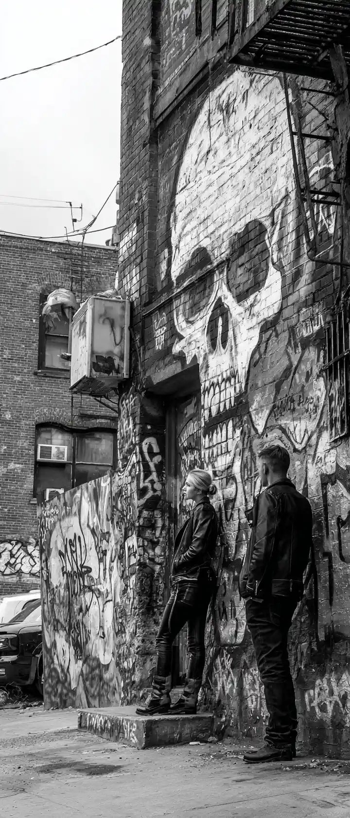 Couple émacié devant un bâtiment délabré couvert de graffitis