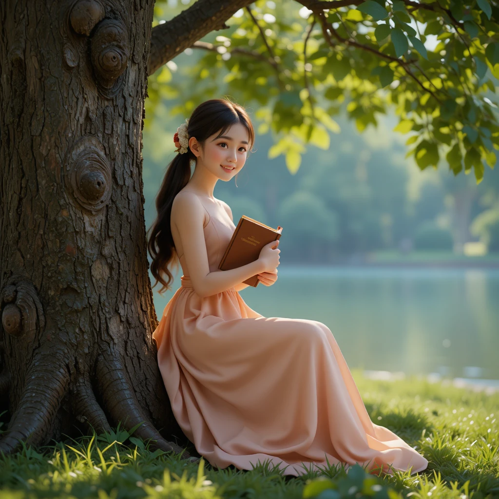 Koreanische Erstsemesterin mit Buch unter einem Baum am Seeufer