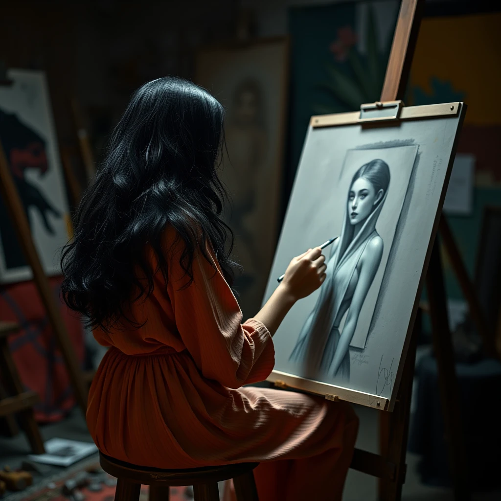 Mulher desenhando uma modelo feminina em um estúdio de arte