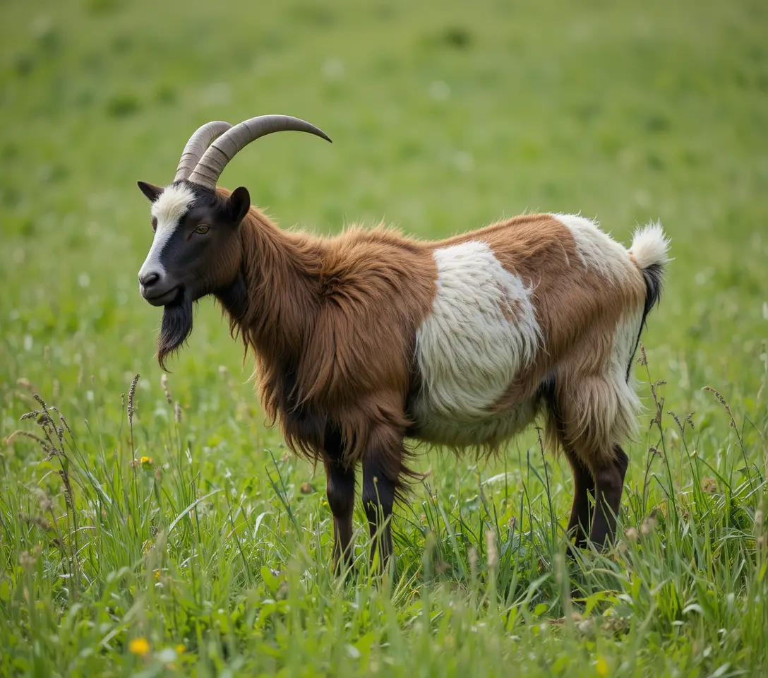 Brown and white goat standing on green grass meadow
