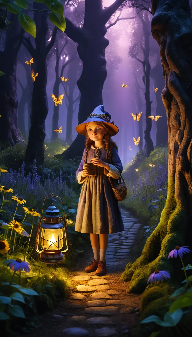 Verzaubertes mittelalterliches Dorf in einem leuchtenden Fantasy-Wald