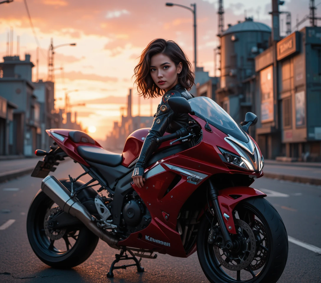 Moto esportiva vermelha e branca estacionada ao lado de parede de tijolos