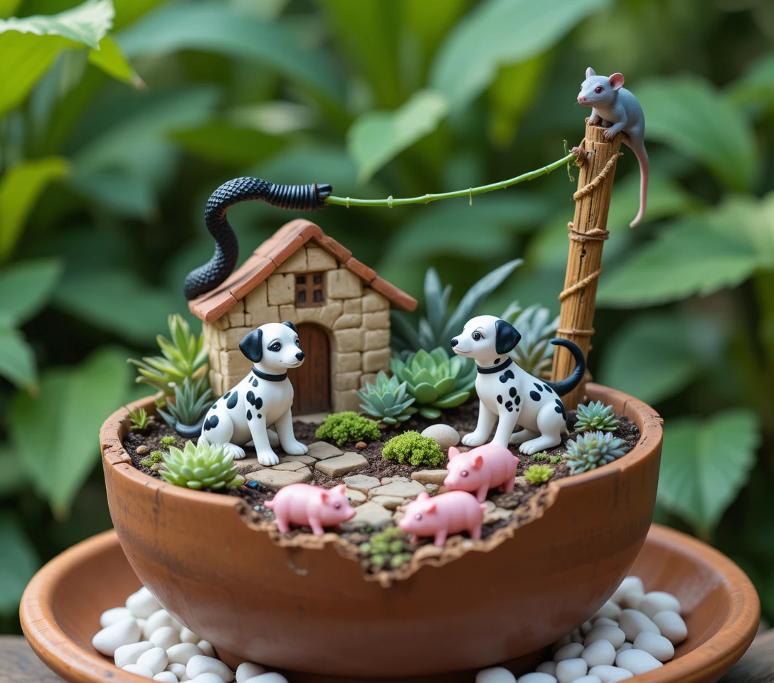 Jardin miniature avec chiots dalmatiens et petite maison