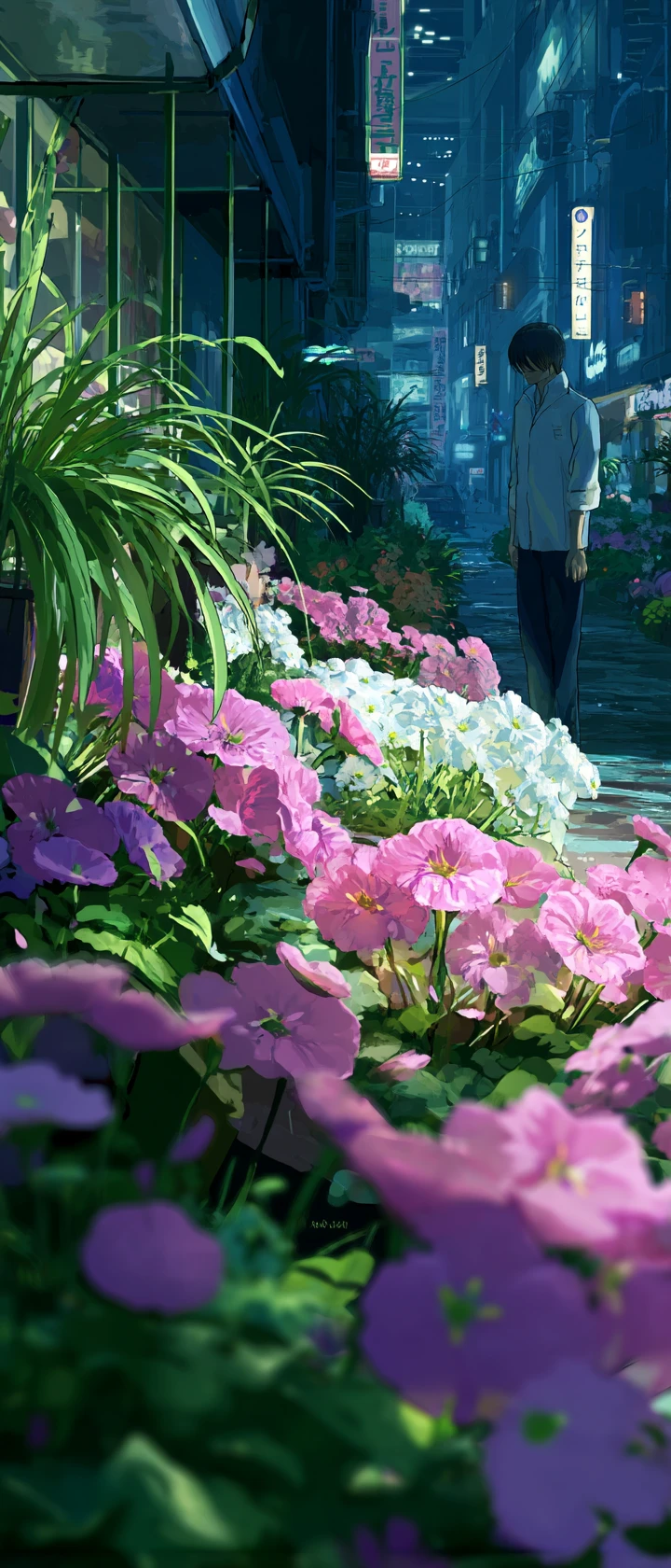 Jardineiro de anime com flores brilhantes que sentem um transeunte solitário