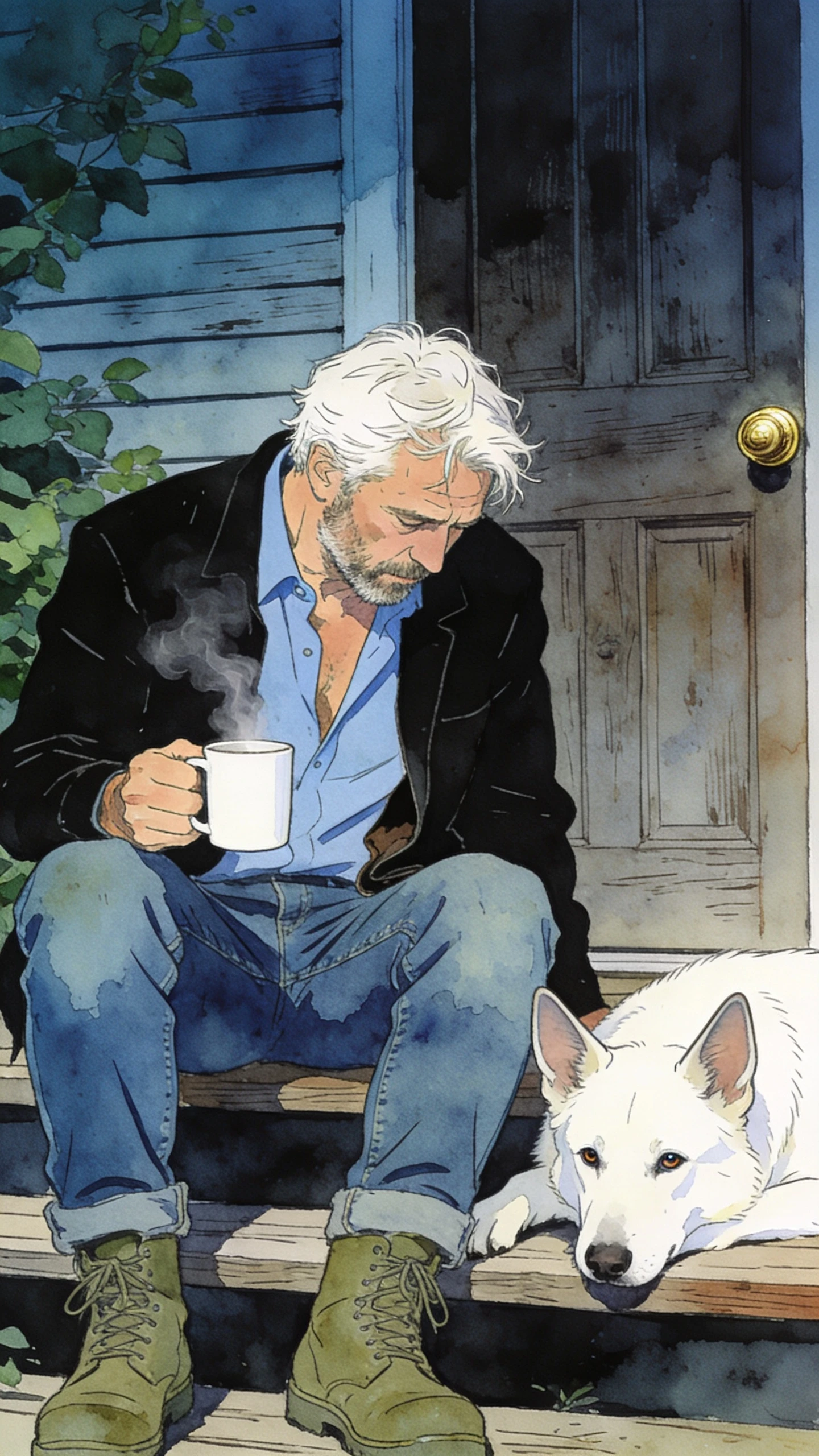 Weary older man with white dog on wooden porch steps