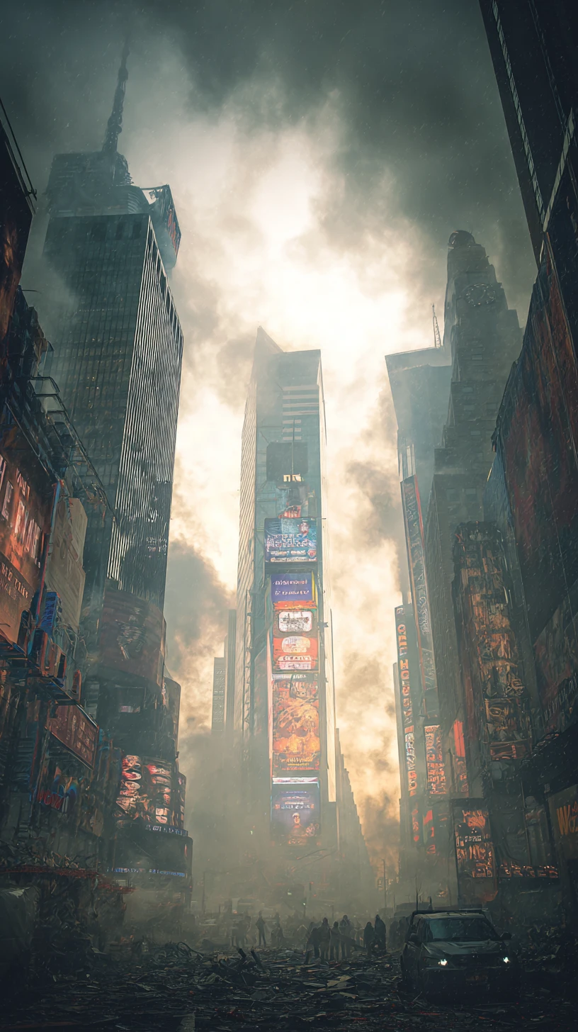 Veduta aerea drammatica della città apocalittica di Times Square