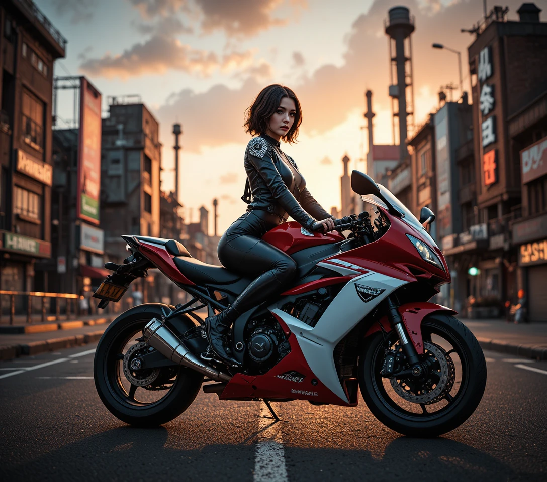 Moto esportiva vermelha e branca estacionada ao lado de parede de tijolos