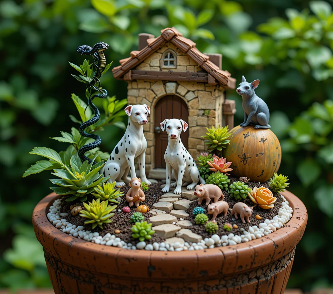 Scène de jardin miniature avec chiots dalmatiens et petit cottage