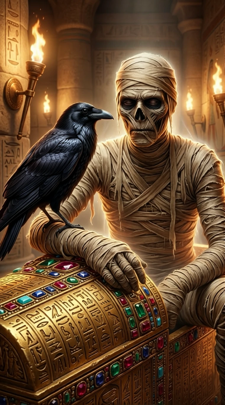 Múmia antiga com corvo em sarcófago dourado cravejado de joias
