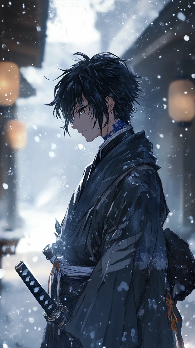 Espadachim de anime em rua nevada com perfil melancólico