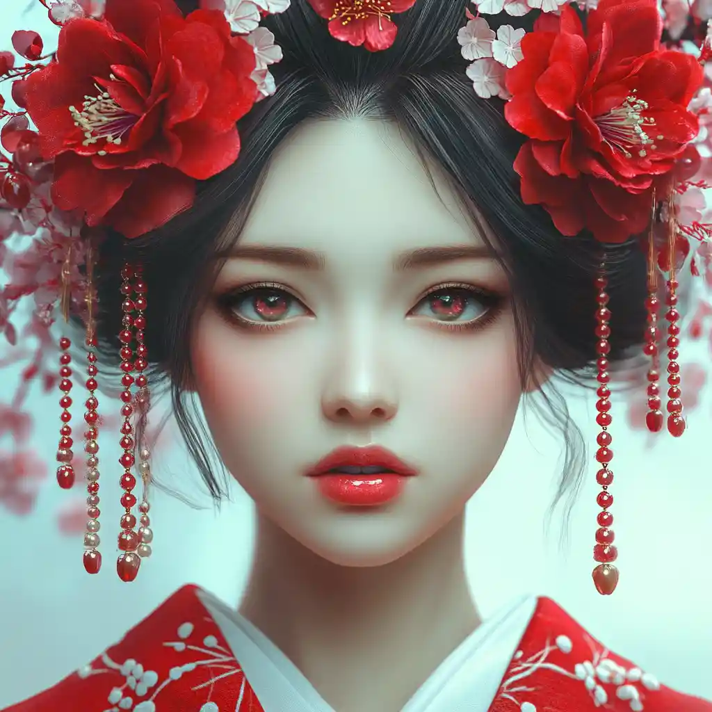 Fille d’anime inspirée d’une geisha avec ornements floraux rouges dans les cheveux