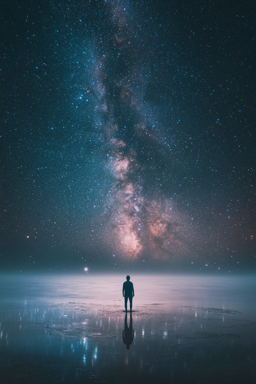 Kleine menschliche Silhouette unter einem endlosen Sternenuniversum