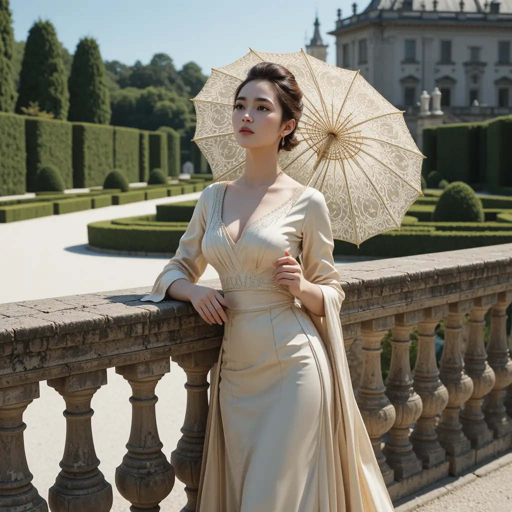 Elegant woman with parasol in a sunlit french garden