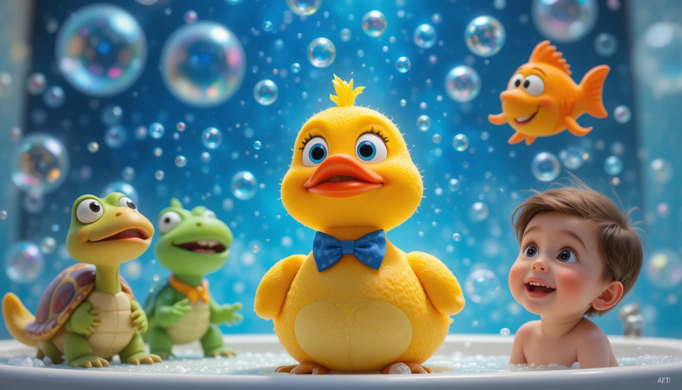 Rubber duck gazing up at a sky filled with bubbles