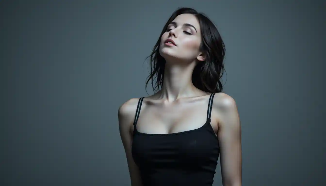 Wet haired woman in black top with head tilted back