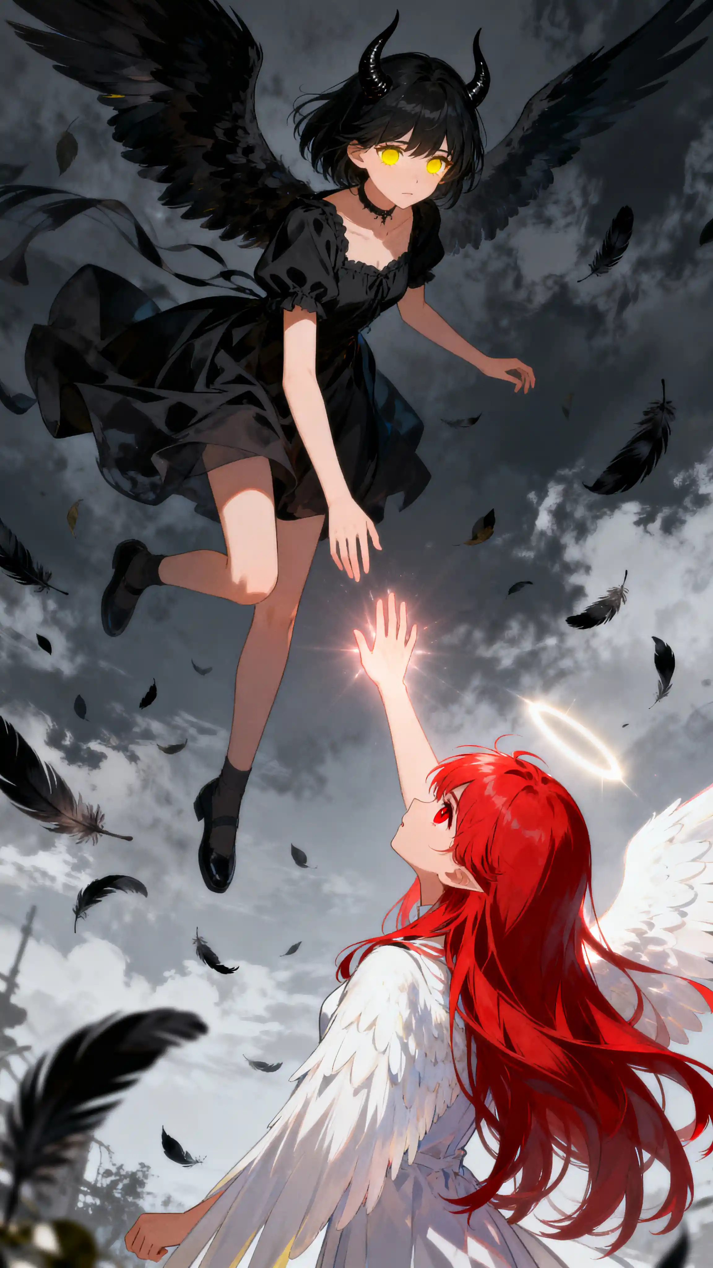 Fallen dark winged girl descending through a stormy sky