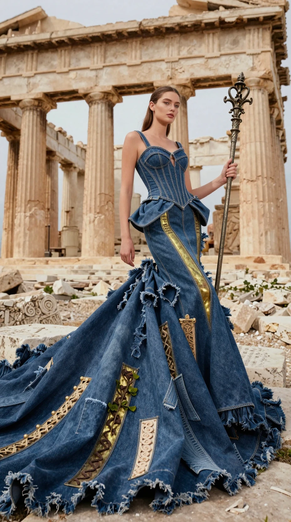 Modella statuaria in abito di denim tra antiche rovine di un tempio