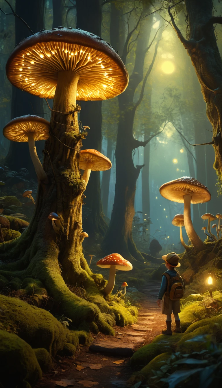 Foresta incantata con funghi luminosi e antiche querce