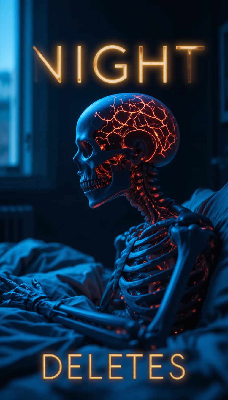Vista em ângulo baixo de um esqueleto índigo luminoso deitado na cama
