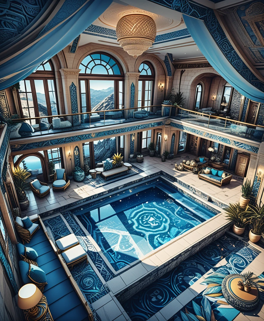 Interior de vila de pedra luxuosa com detalhes de fantasia celestial