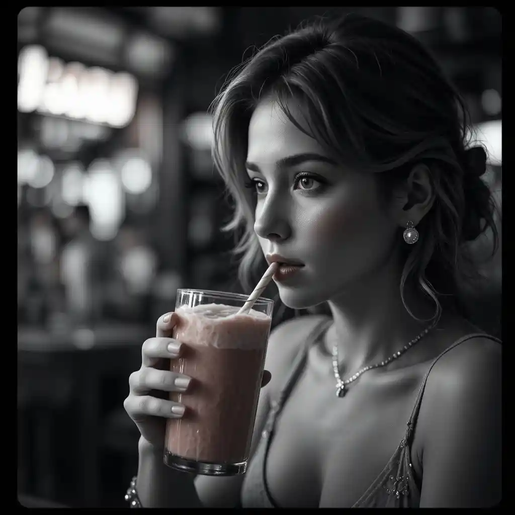 Woman drinking a colorful strawberry milkshake in monochrome