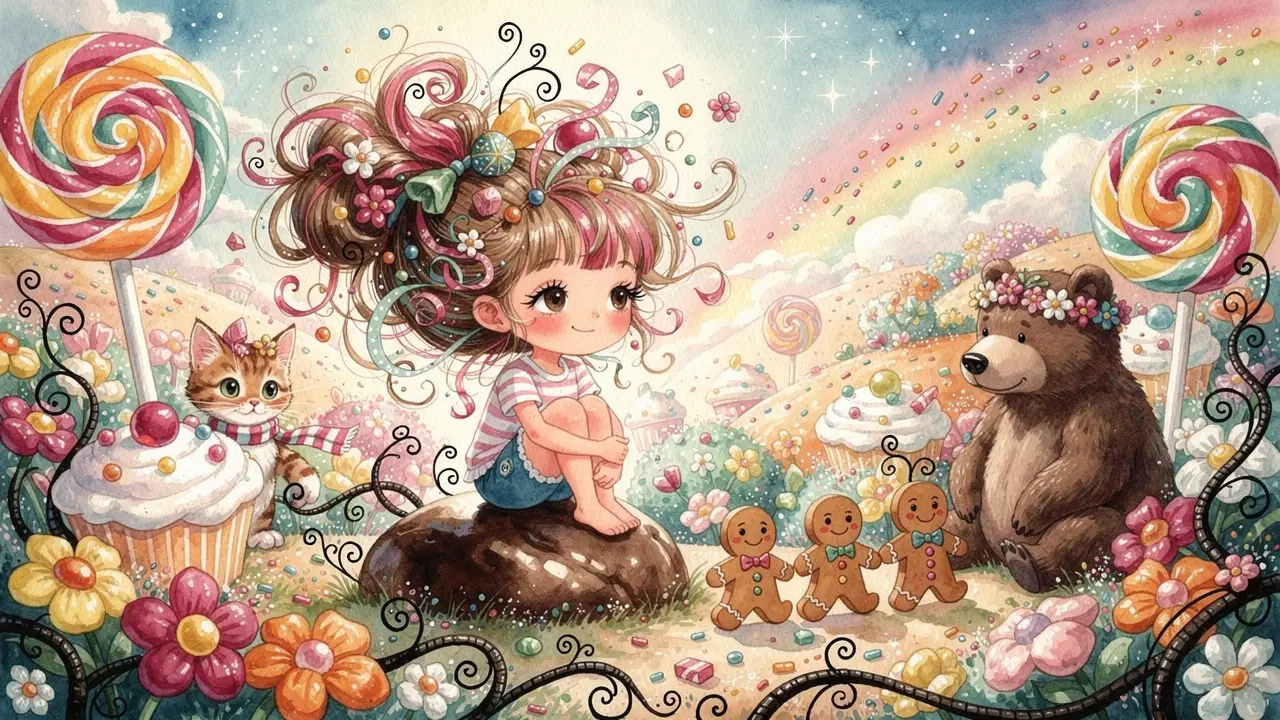 Pays des Bonbons Fantaisiste avec Fille sur Rocher en Chocolat