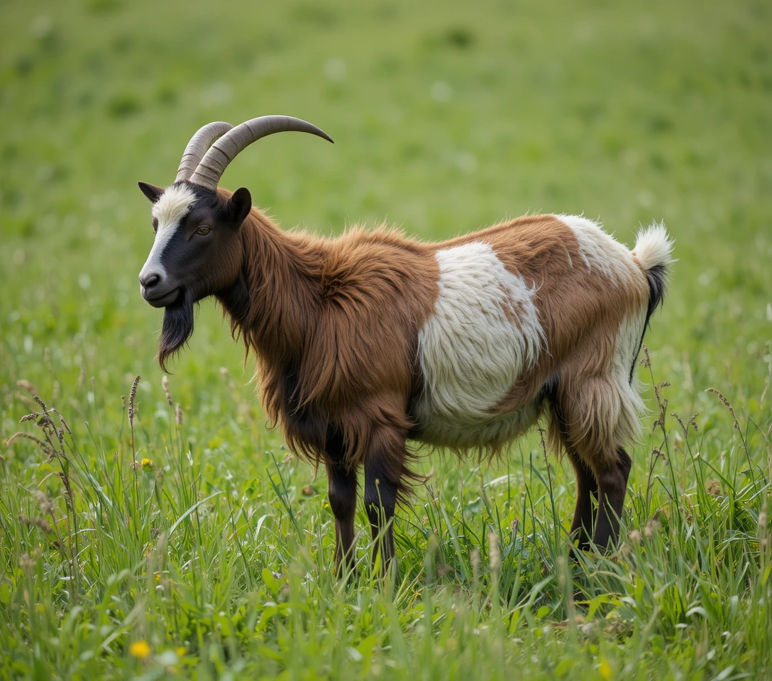 Cabra marrom e branca em um prado de grama verde
