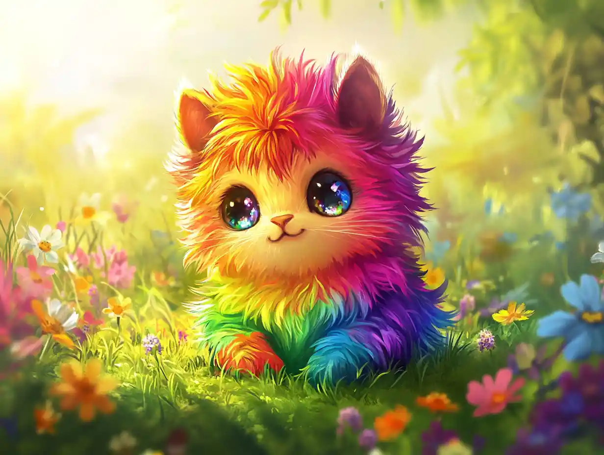 Cute baby animal with rainbow fur in meadow