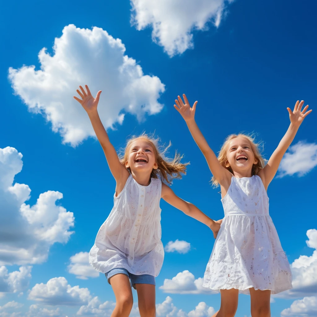 Bambini gioiosi che volano liberi in un cielo azzurro e luminoso