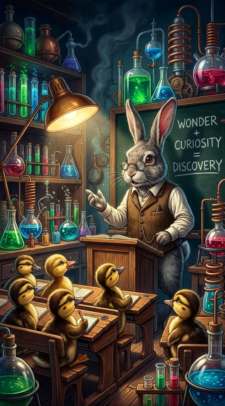 Professor coelho ensinando patinhos em um laboratório surreal e iluminado
