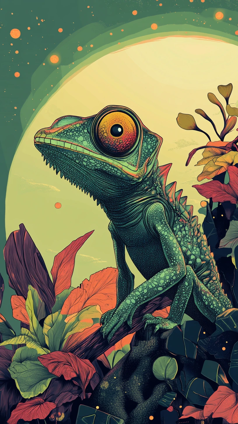 Chamäleon im geometrischen Alien-Landschaftsbild getarnt