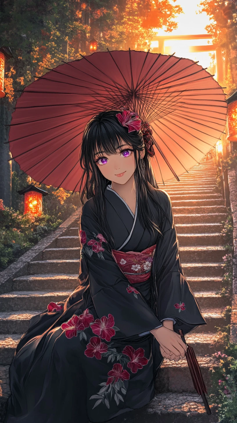 Chica de anime con kimono negro en los escalones de un templo al atardecer