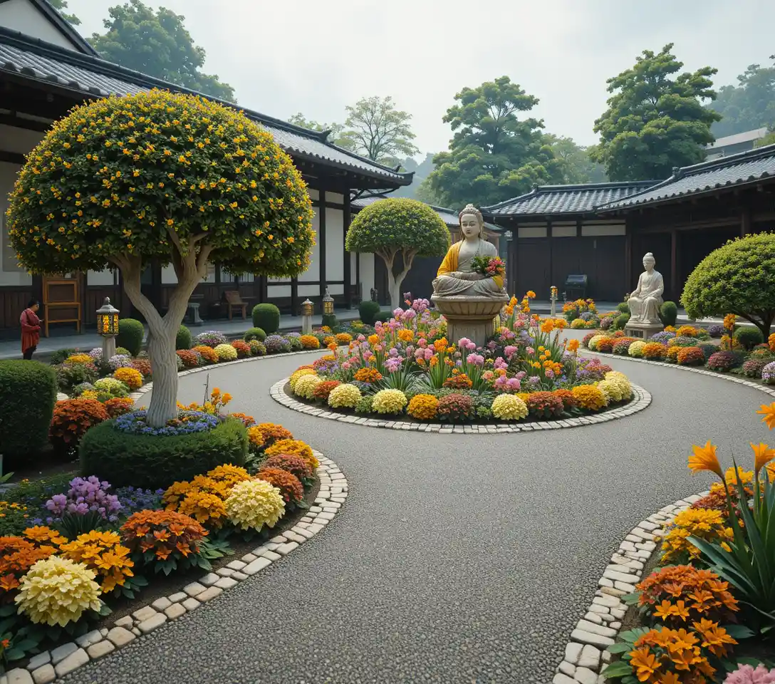 Japanese garden courtyard with gravel path and statues