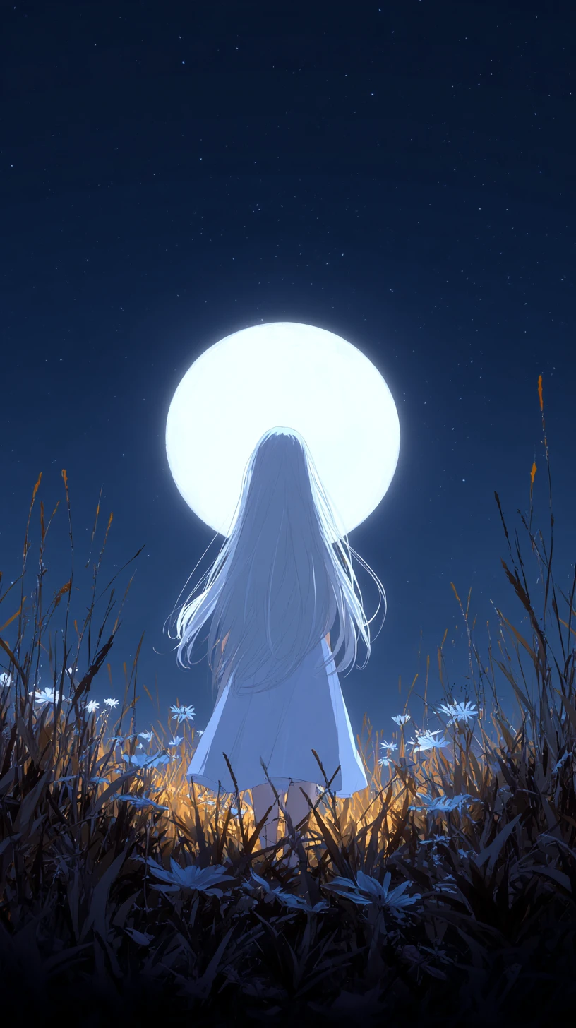 發光滿月下的銀白長髮女子