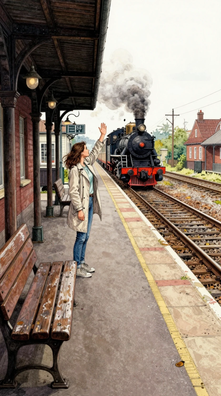 Young woman waving on a small town railway platform