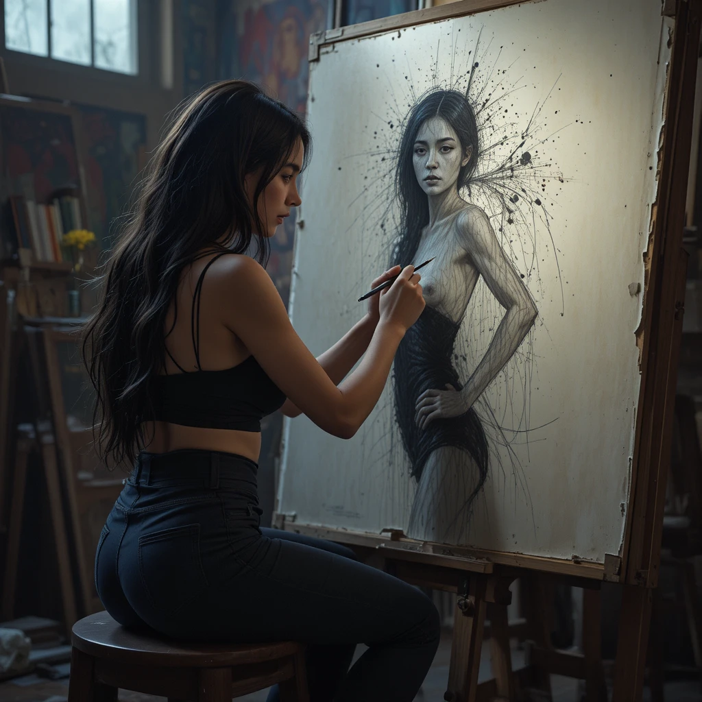 Woman sketching a female model in a moody art studio