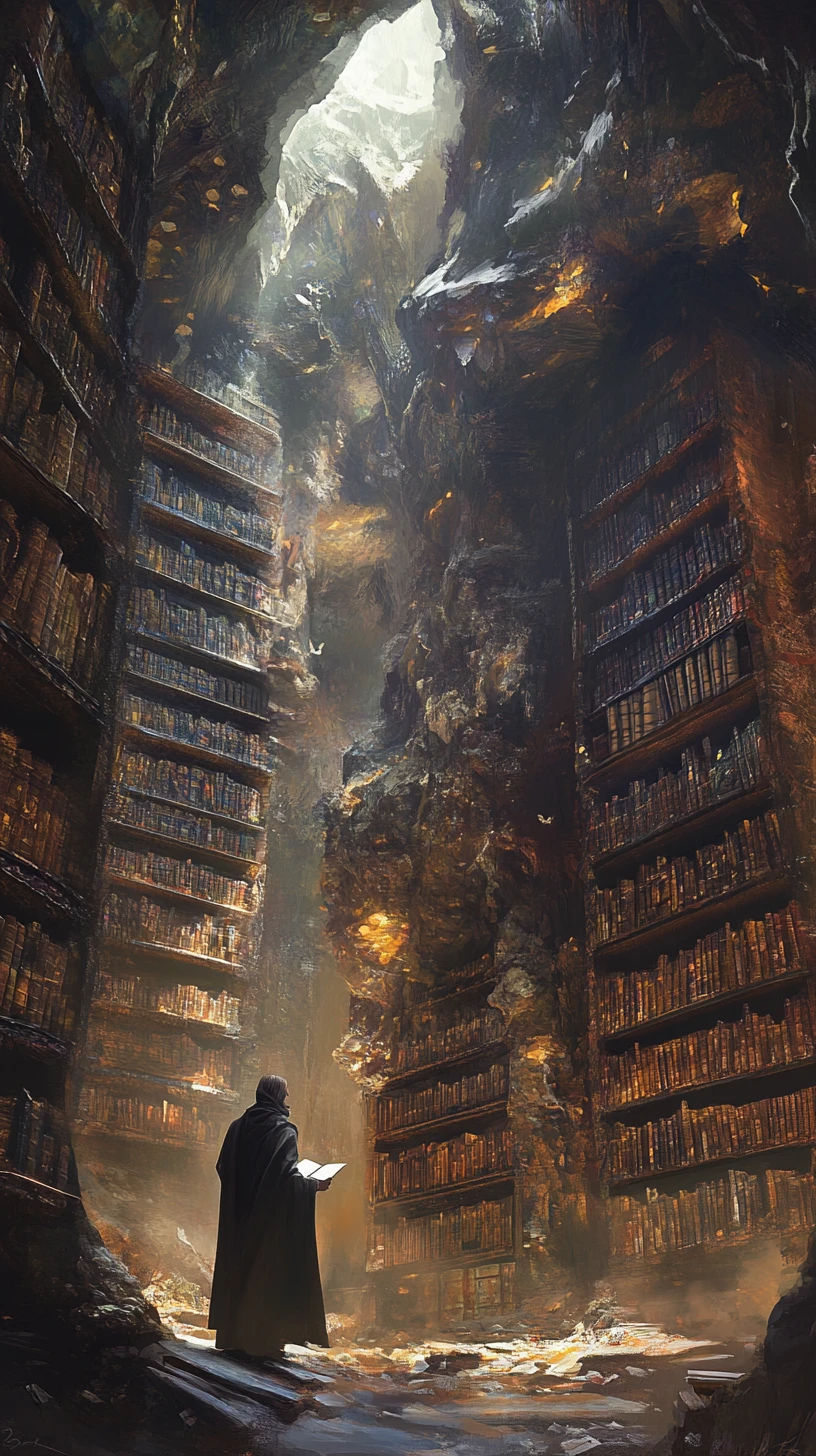 Erudito encapuzado lendo em uma biblioteca geodo ao luar