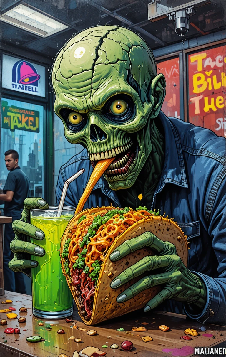 Blassgrüner Zombie, der Tacos in einem Fast-Food-Restaurant isst