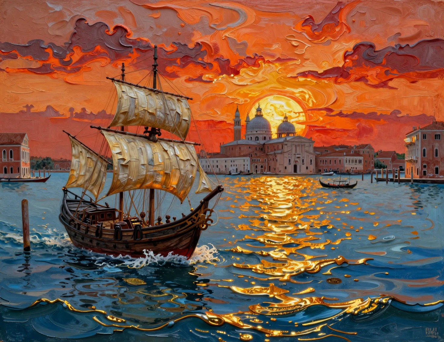 Voiliers dans le port vénitien sous un ciel de coucher de soleil en cire fondue