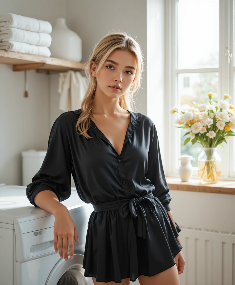 Junge blonde Frau in Satinbluse in moderner Waschküche