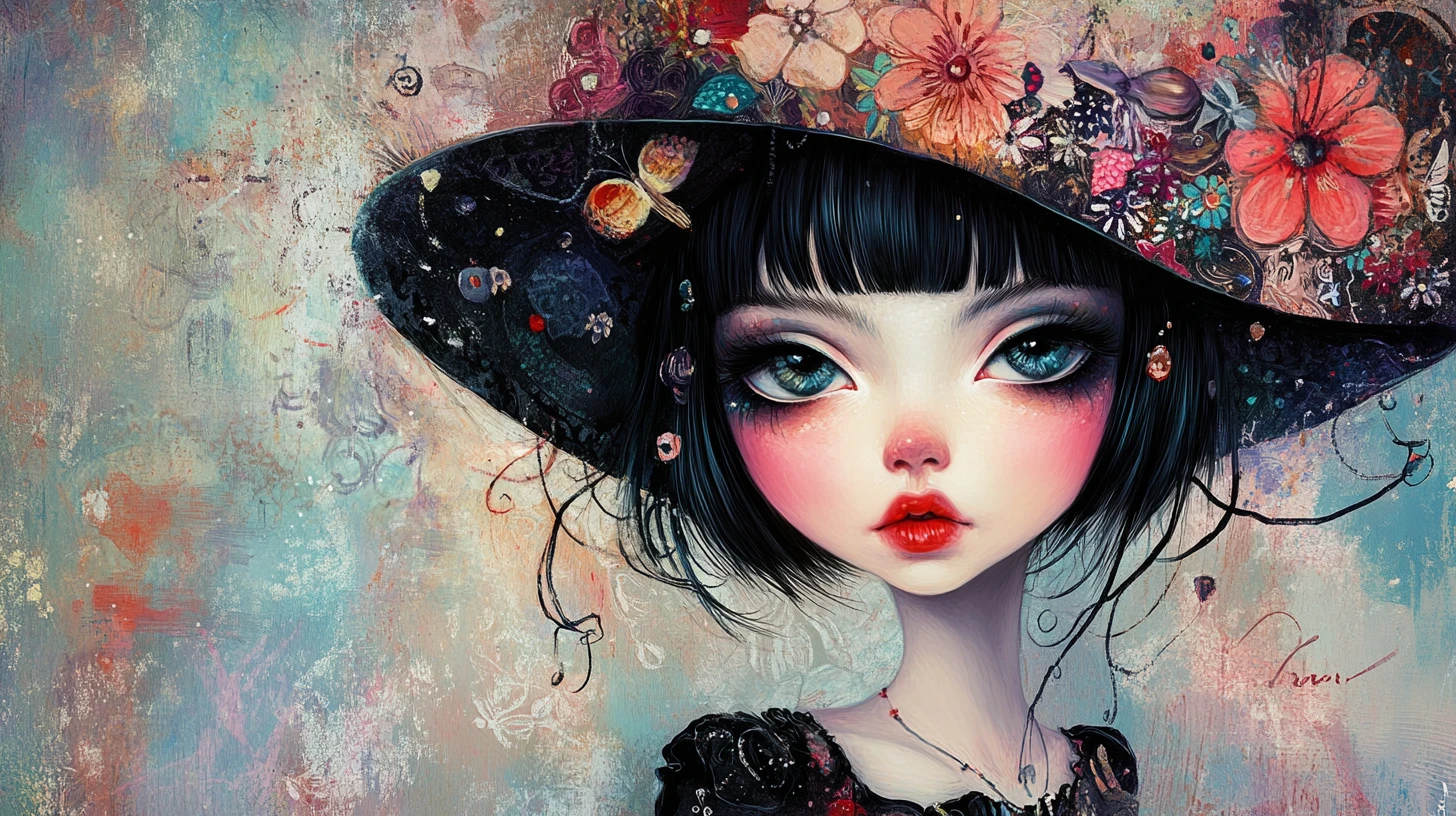 Menina boneca fada gótica com chapéu floral – ilustração