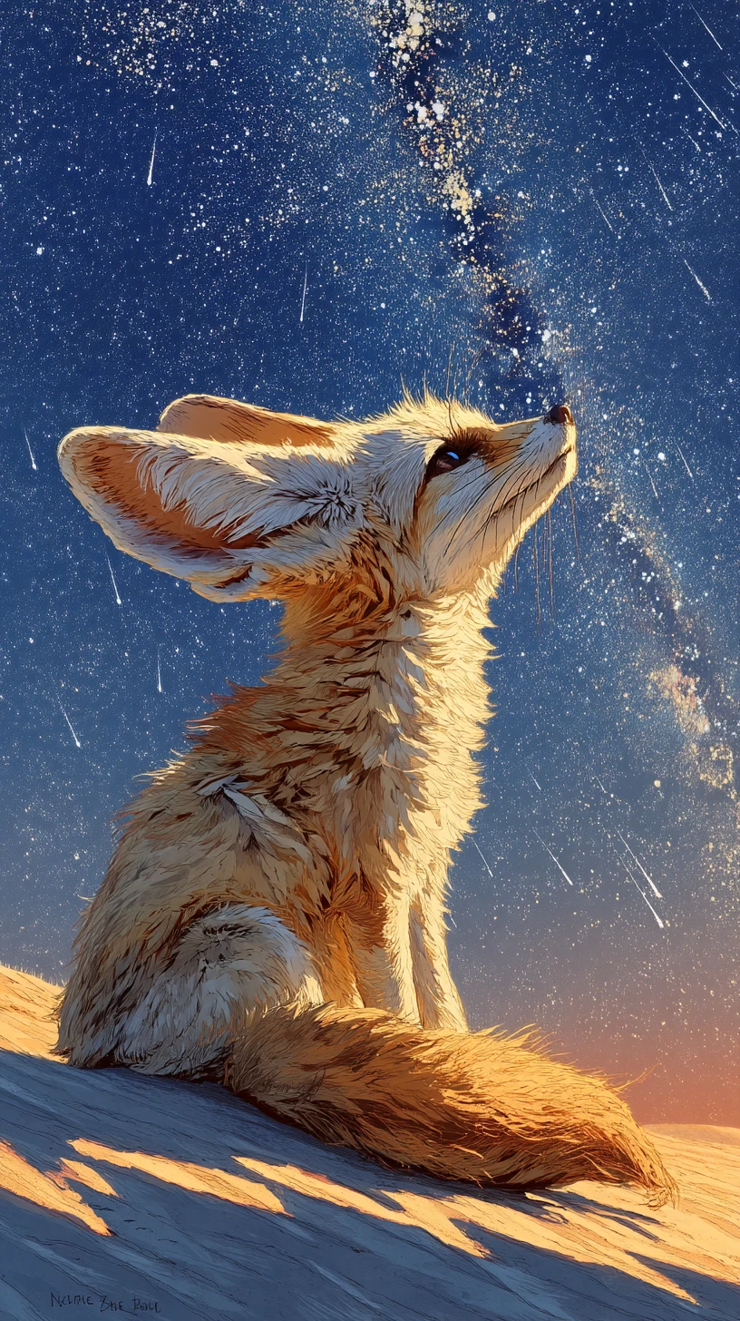 Pequena raposa‑feneco em uma duna de deserto ao luar